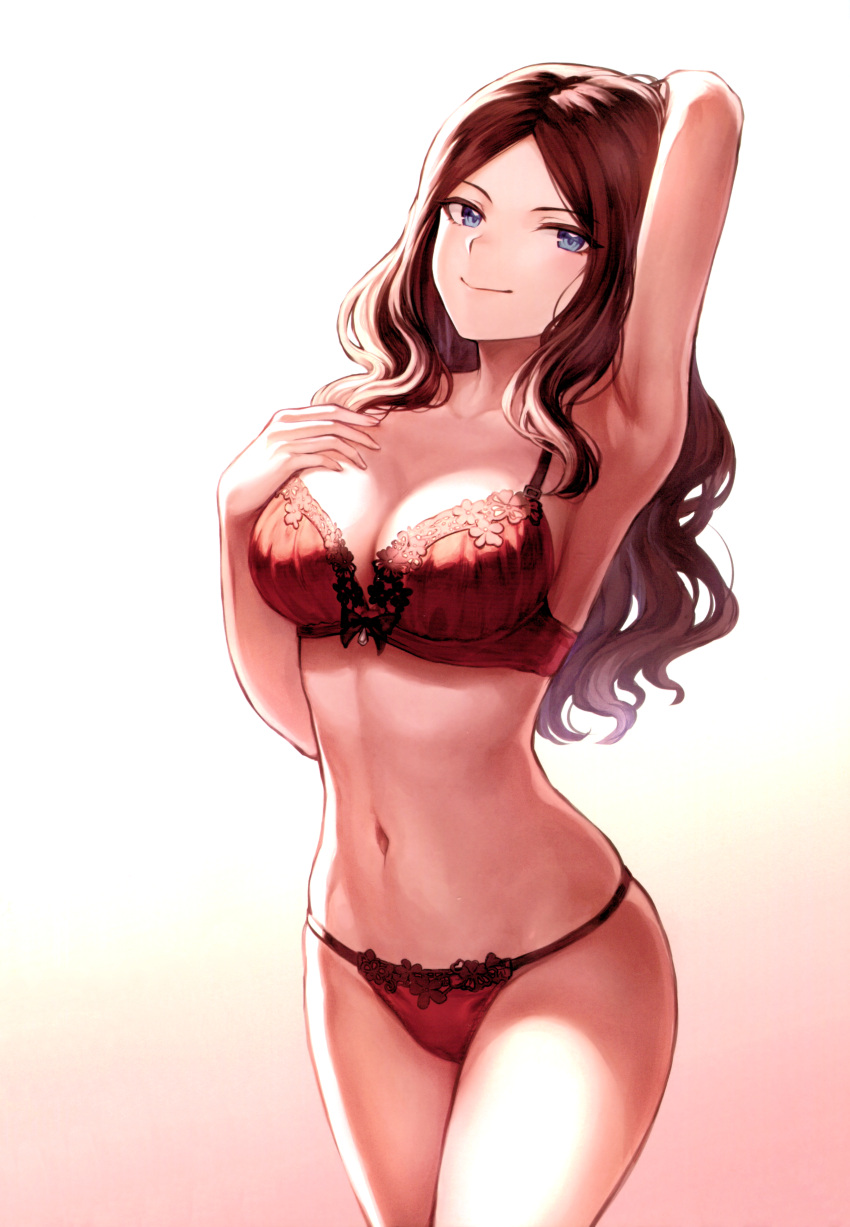 1girl absurdres arm_up armpits bangs bare_shoulders blue_eyes bra breasts brown_hair cleavage closed_mouth collarbone fate/grand_order fate_(series) gradient gradient_background hand_on_own_chest highres hips large_breasts leonardo_da_vinci_(fate/grand_order) long_hair looking_at_viewer mashu_003 navel panties parted_bangs red_bra red_panties scan smile solo thighs underwear waist wavy_hair