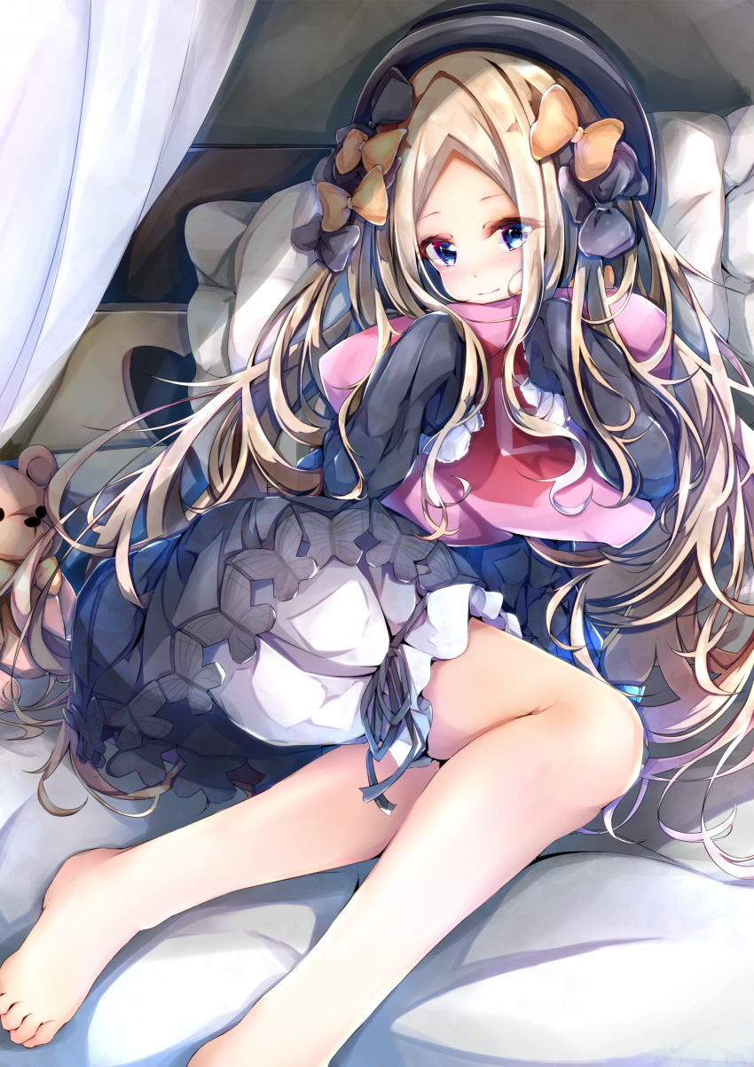 1girl abigail_williams_(fate/grand_order) absurdres bangs barefoot bed bed_sheet black_bow black_dress black_hat blonde_hair bloomers blue_eyes bow bug butterfly canopy_bed closed_mouth comic cucchiore dress fate/grand_order fate_(series) forehead hair_bow hands_up hat head_tilt heart highres insect light_smile long_hair long_sleeves looking_at_viewer lying on_side orange_bow parted_bangs pillow pillow_hug polka_dot polka_dot_bow sleeves_past_fingers sleeves_past_wrists solo stuffed_animal stuffed_toy teddy_bear underwear very_long_hair white_bloomers yes-no_pillow