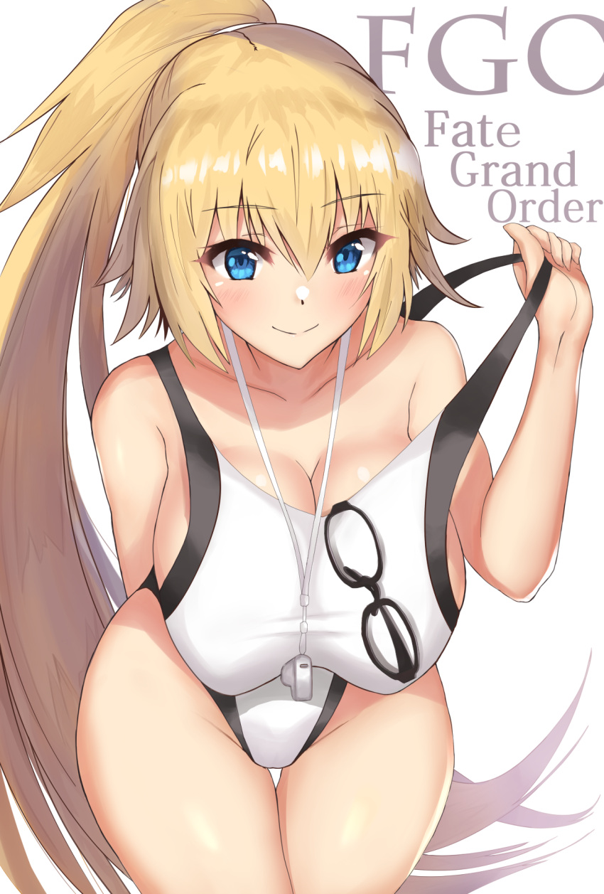 1girl akatsuki_ikki arm_behind_back bangs bent_over blonde_hair breasts cleavage collarbone competition_swimsuit copyright_name cowboy_shot eyebrows_visible_through_hair fate/grand_order fate_(series) glasses highres jeanne_d'arc_(fate) jeanne_d'arc_(fate)_(all) jeanne_d'arc_(swimsuit_archer) large_breasts long_hair looking_at_viewer one-piece_swimsuit ponytail smile solo strap_lift swimsuit very_long_hair whistle whistle_around_neck white_background white_swimsuit