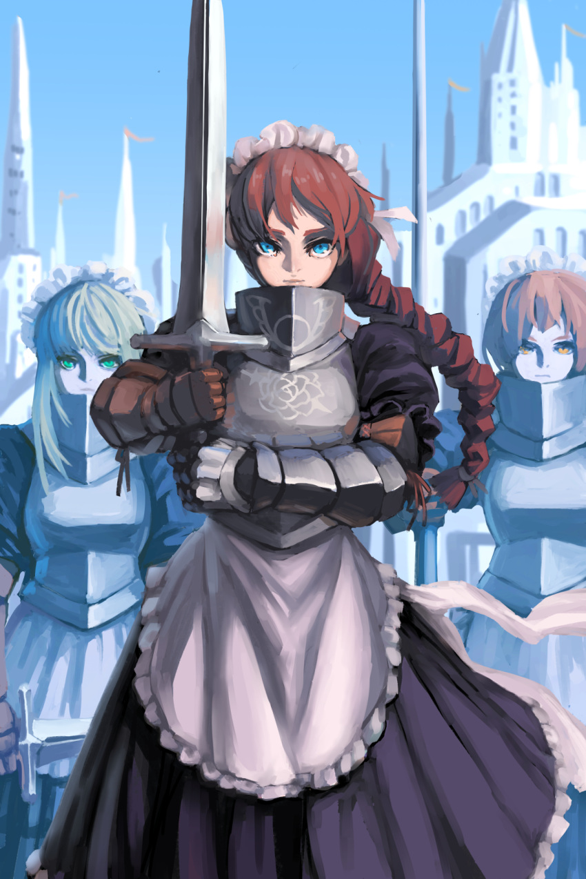 3girls apron armor bangs black_dress blue_eyes braid breastplate castle day dress expressionless gauntlets green_eyes highres holding holding_sword holding_weapon knight long_braid looking_at_viewer maid maid_apron maid_headdress multiple_girls original outdoors puffy_short_sleeves puffy_sleeves redhead short_sleeves silver_hair single_braid sword virgosdf weapon white_apron wind