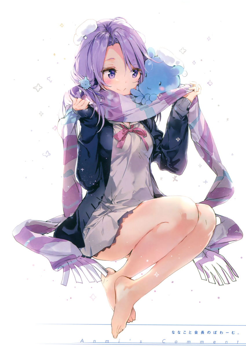 1girl absurdres anmi bare_legs barefoot black_jacket blush character_request closed_mouth creature highres holding houkago_no_pleiades invisible_chair jacket legs_together long_hair long_sleeves neck_ribbon open_clothes open_jacket pink_ribbon purple_hair purple_scarf ribbon scarf sitting sleeves_past_fingers sleeves_past_wrists smile solo violet_eyes white_background