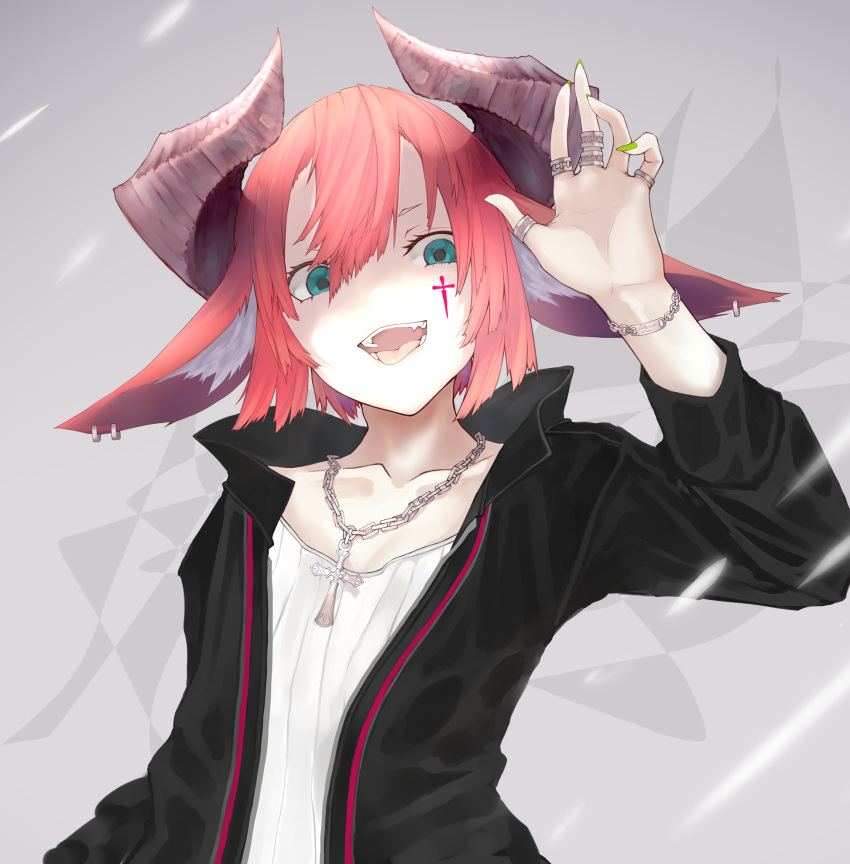 animal_ears commentary_request fang fangs green_eyes highres horns jewelry kesuno looking_at_viewer original redhead short_hair tattoo