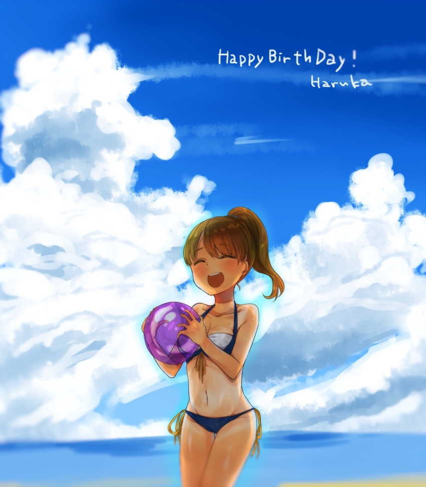 1girl ball beachball bikini black_bikini blue_sky blurry breasts brown_hair character_name cleavage clouds cloudy_sky day english eyebrows_visible_through_hair front-tie_bikini front-tie_top hair_tie happy_birthday highres holding koretsuna kurimoto_haruka medium_breasts medium_hair navel ocean outdoors ponytail school_girl_strikers side-tie_bikini sky solo swimsuit tan tanline thigh_gap transparent