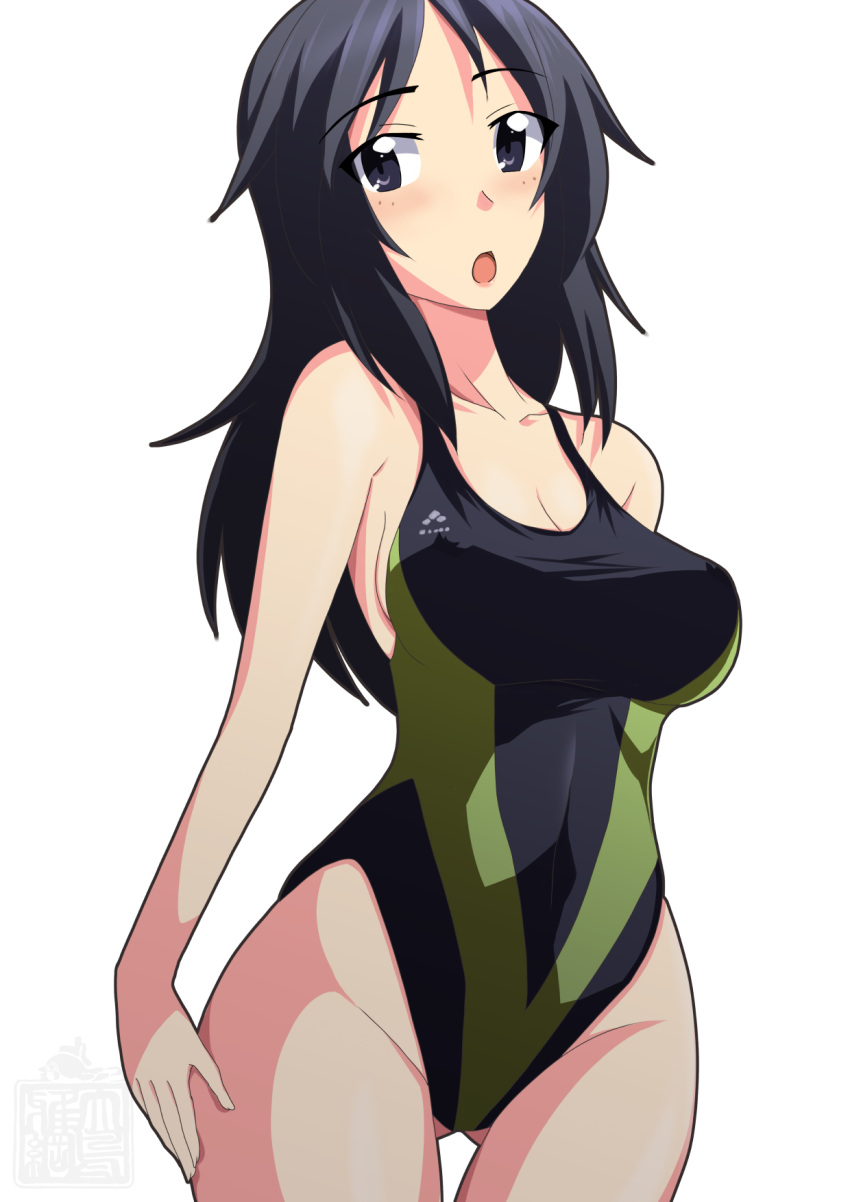 1girl :o arm_behind_back ass_visible_through_thighs bangs black_eyes black_hair black_swimsuit breasts cleavage commentary competition_swimsuit cowboy_shot eyebrows_visible_through_hair freckles girls_und_panzer hand_on_own_thigh highleg highleg_swimsuit highres long_hair looking_at_viewer medium_breasts one-piece_swimsuit ootori_masatsuna open_mouth simple_background solo standing swimsuit thigh_gap white_background yamagou_ayumi