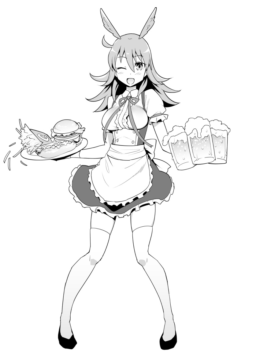 1girl apron bow breasts drink fate/grand_order fate_(series) food frilled_skirt frills greyscale head_wings highres hildr_(fate/grand_order) kneehighs maid_apron medium_hair monochrome ono_misao open_mouth puffy_short_sleeves puffy_sleeves ribbon short_sleeves skirt solo thigh-highs tray valkyrie_(fate/grand_order) waist_apron waitress wrist_cuffs zettai_ryouiki