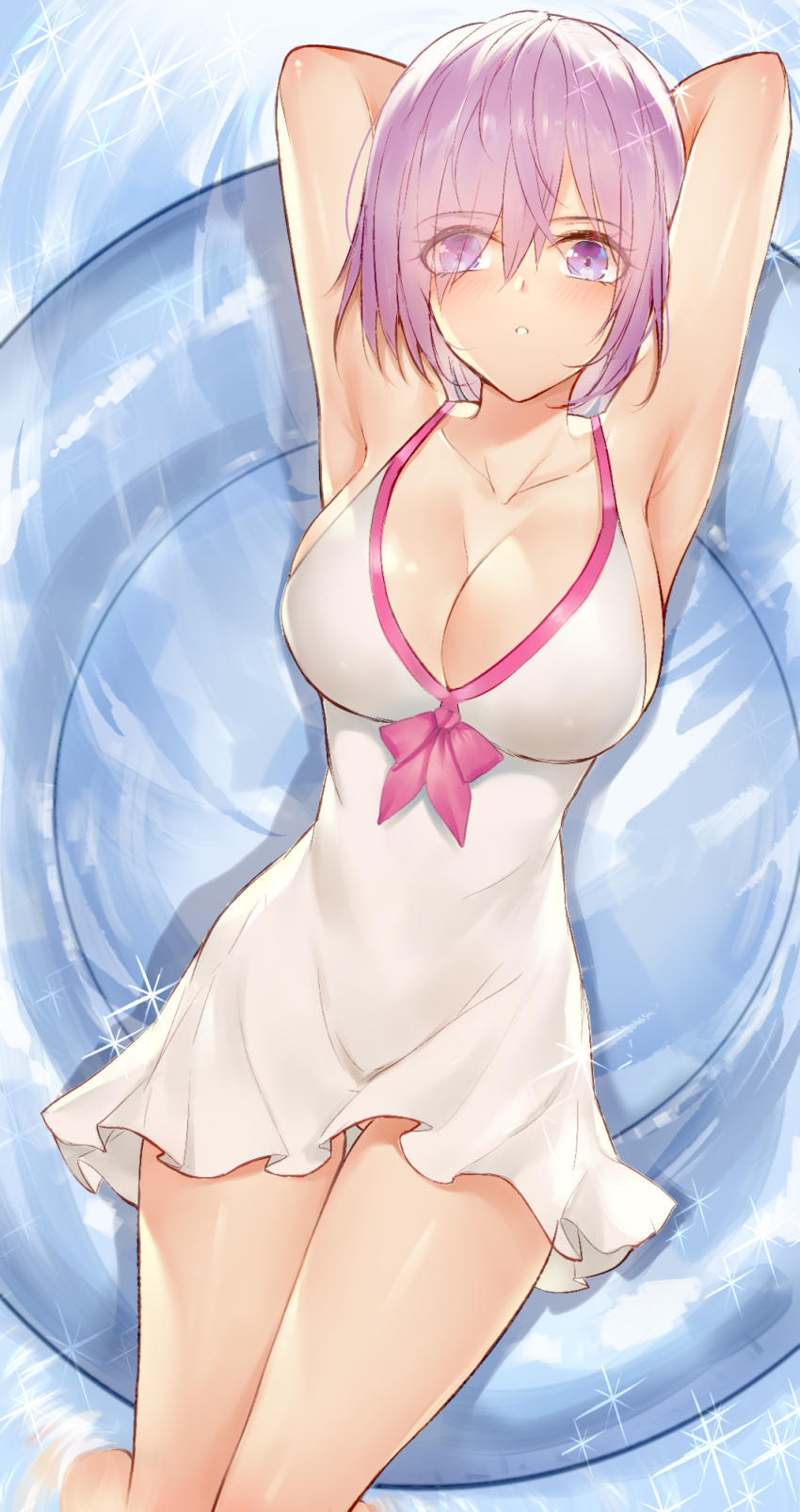 1girl armpits bare_arms bare_shoulders blush bow bow_swimsuit breasts casual_one-piece_swimsuit cleavage commentary_request dress_swimsuit eyebrows_visible_through_hair eyes_visible_through_hair fate/grand_order fate_(series) from_above hair_over_one_eye halterneck highres horz innertube large_breasts lavender_hair looking_at_viewer lying mash_kyrielight on_back one-piece_swimsuit pink_bow shiny shiny_skin short_hair sideboob swimsuit swimsuit_of_perpetual_summer violet_eyes wading water white_swimsuit