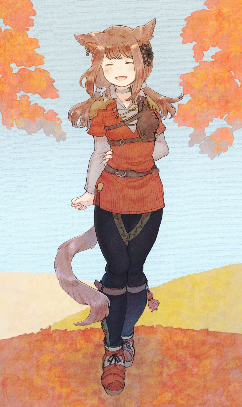 1girl animal_ears arm_behind_back autumn brown_hair cat_ears cat_tail choker closed_eyes earrings facing_viewer final_fantasy final_fantasy_xiv flower hair_flower hair_ornament highres jewelry long_hair miqo'te mozuku_(mozuuru0323) open_mouth outdoors solo standing tail twintails