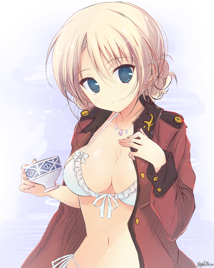 1girl bangs bikini blonde_hair blue_eyes blush breasts cleavage closed_mouth commentary cup darjeeling epaulettes eyebrows_visible_through_hair frilled_bikini frills front-tie_bikini front-tie_top getsumen_suibaku_ver._a(c) girls_und_panzer head_tilt highres holding holding_cup jacket jewelry large_breasts long_sleeves looking_at_viewer military military_uniform navel necklace open_clothes open_jacket red_jacket short_hair side-tie_bikini sitting smile solo sparkle st._gloriana's_military_uniform standing swimsuit teacup tied_hair twitter_username uniform upper_body