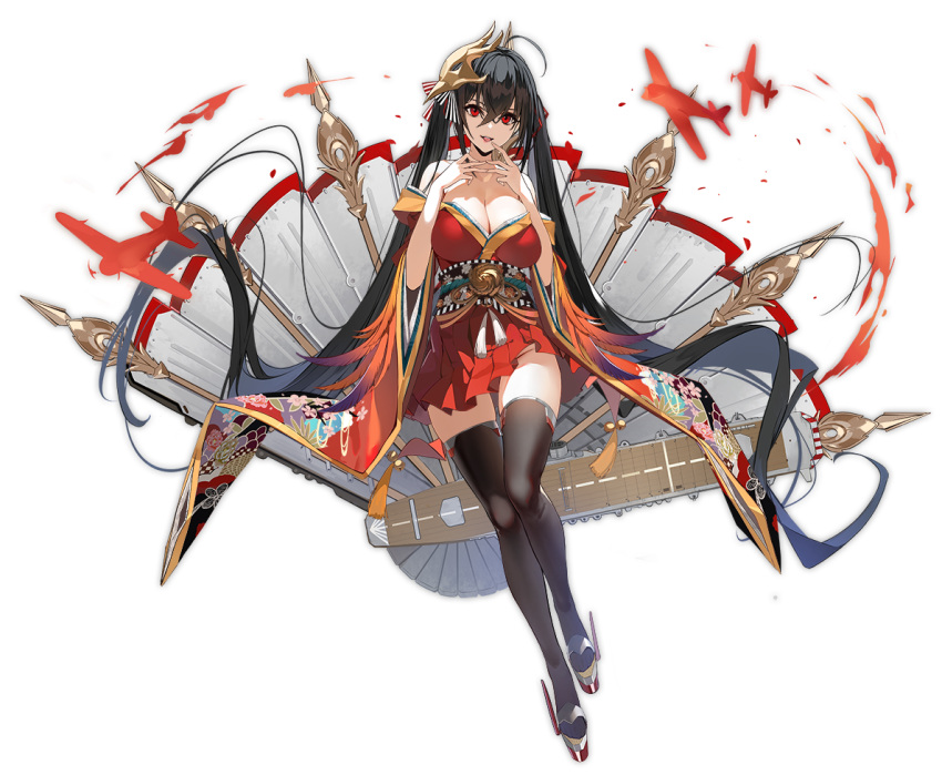 1girl azur_lane black_hair black_legwear breasts cleavage fan flight_deck full_body hair_ornament japanese_clothes large_breasts long_hair looking_at_viewer official_art red_eyes solo taihou_(azur_lane) thigh-highs twintails