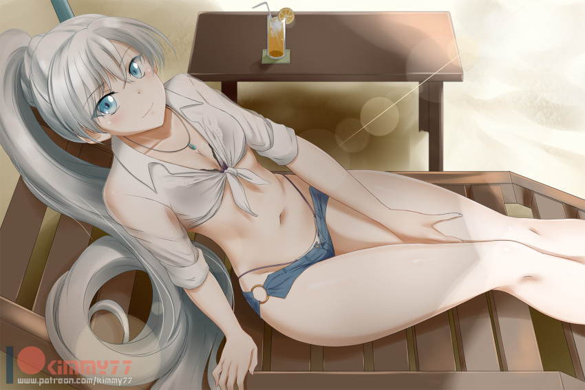 1girl alfred_cullado blue_eyes breasts closed_mouth eyebrows_visible_through_hair hair_between_eyes high_heels highres jewelry long_hair looking_at_viewer necklace ponytail rwby scar scar_across_eye see-through side_ponytail smile weiss_schnee white_hair