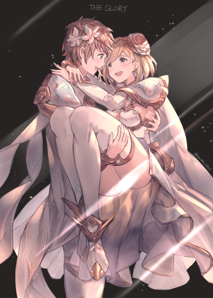 1boy 1girl :d absurdres ass bangs blonde_hair blush boots breasts bridal_gauntlets brown_eyes brown_hair carrying censored commentary_request cosplay djeeta_(granblue_fantasy) dress eye_contact eyebrows_visible_through_hair flower gran_(granblue_fantasy) granblue_fantasy hair_flower hair_ornament highres knights_of_glory light_censor looking_at_another medium_breasts milli_little open_mouth pants princess_carry profile rose smile standing the_glory the_glory_(cosplay) thigh-highs twitter_username upper_teeth white_dress white_flower white_footwear white_legwear white_pants white_rose