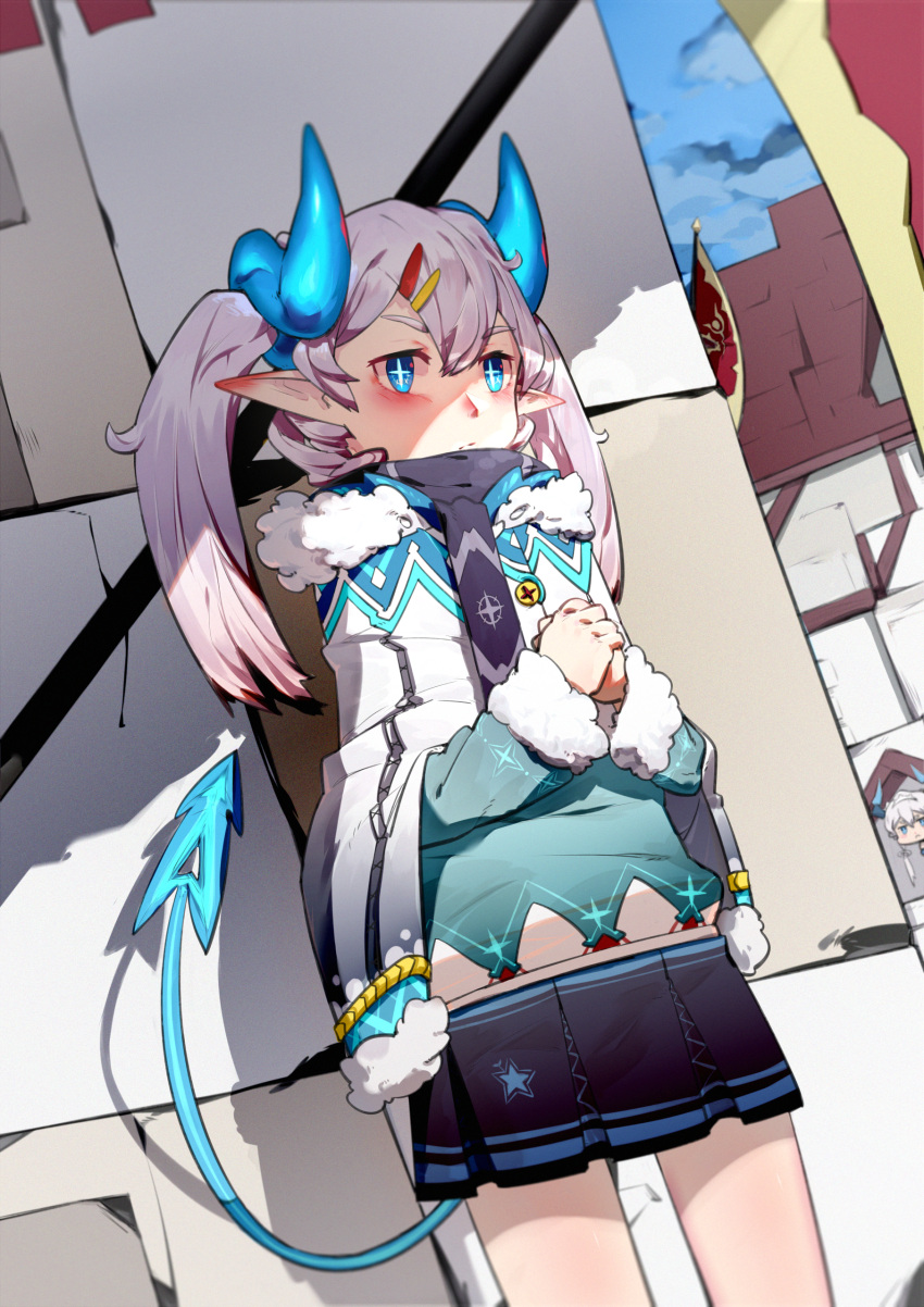 2girls absurdres chiliarch_(elsword) demon_girl demon_horns demon_tail elsword eyebrows_visible_through_hair fluffy highres horns luciela_r._sourcream multiple_girls noblesse_(elsword) pointy_ears star star-shaped_pupils symbol-shaped_pupils tail twintails white_hair zhang492382336