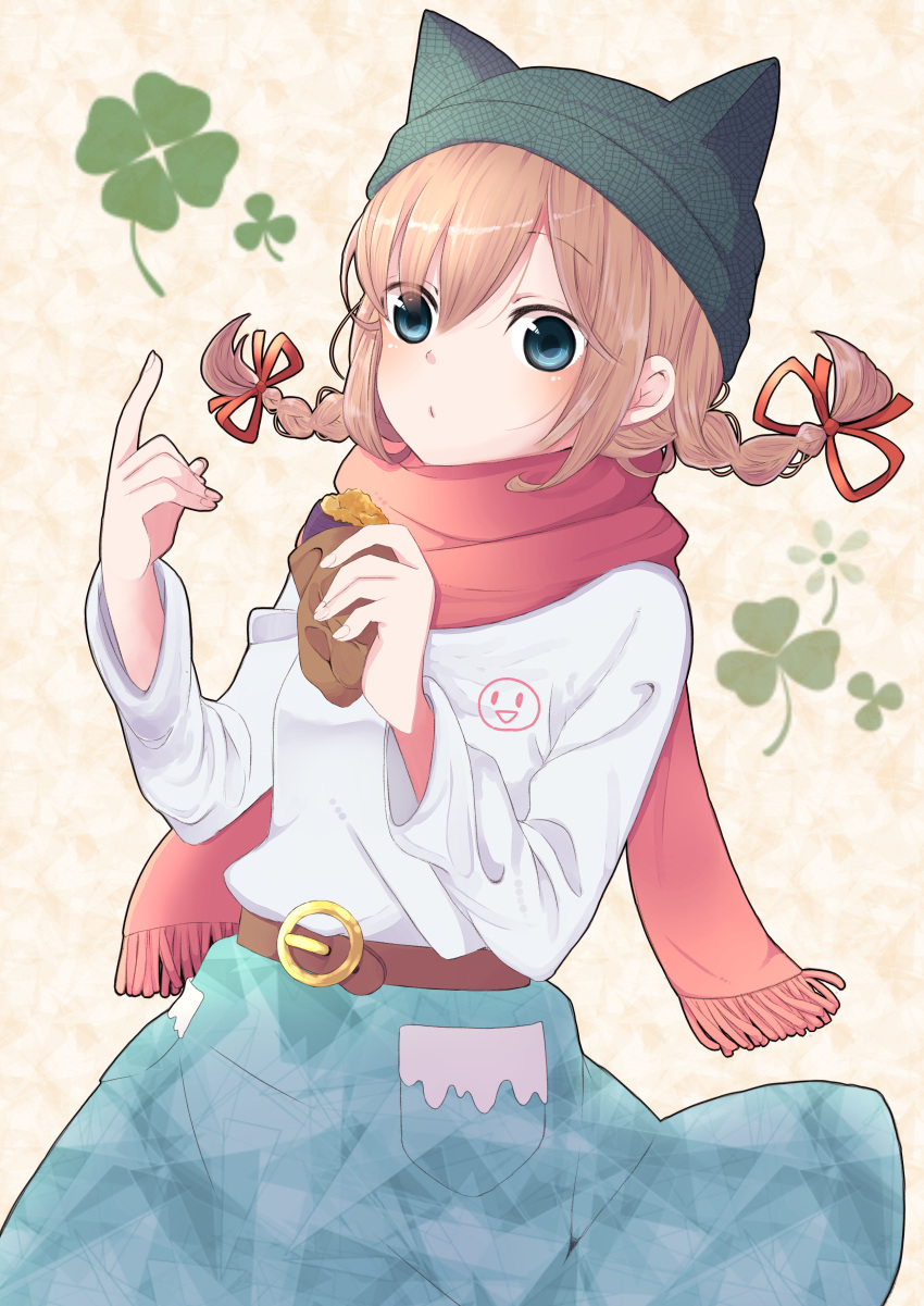 1girl absurdres animal_ears animal_hat bangs beanie belt_buckle blue_eyes blue_skirt blush braid brown_belt buckle cat_ears cat_hat closed_mouth clover commentary_request eyebrows_visible_through_hair fingernails food four-leaf_clover hair_between_eyes hair_ribbon hat highres hiroshi_(jasinloki) holding holding_food light_brown_hair long_hair long_sleeves low_twintails original red_ribbon red_scarf revision ribbon scarf shirt skirt solo sweet_potato twin_braids twintails white_shirt yakiimo