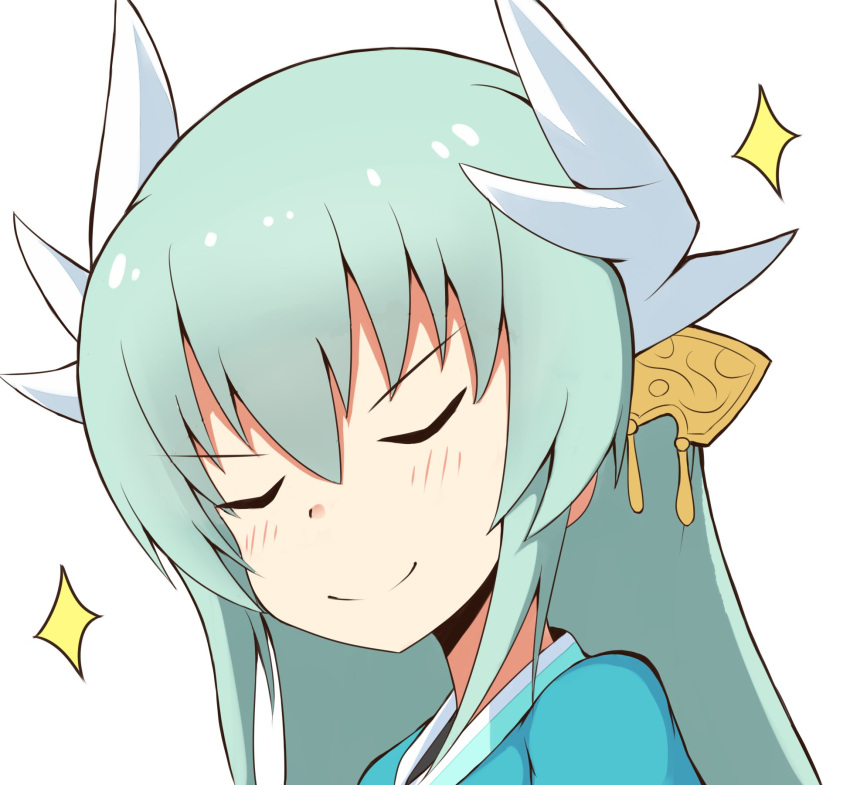 &gt;:) 1girl bangs blue_kimono blush closed_eyes closed_mouth dragon_horns eyebrows_visible_through_hair facing_viewer fate/grand_order fate_(series) green_hair hair_between_eyes head_tilt headgear highres horns japanese_clothes kimono kiyohime_(fate/grand_order) long_hair mitchi simple_background smile solo sparkle v-shaped_eyebrows white_background