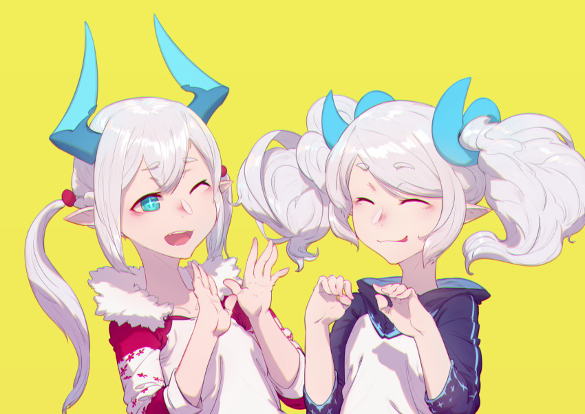 2girls absurdres chiliarch_(elsword) demon_girl demon_horns elsword eyebrows_visible_through_hair fluffy highres hood hoodie horns luciela_r._sourcream multiple_girls noblesse_(elsword) one_eye_closed pointy_ears smile star star-shaped_pupils symbol-shaped_pupils twintails white_hair zhang492382336