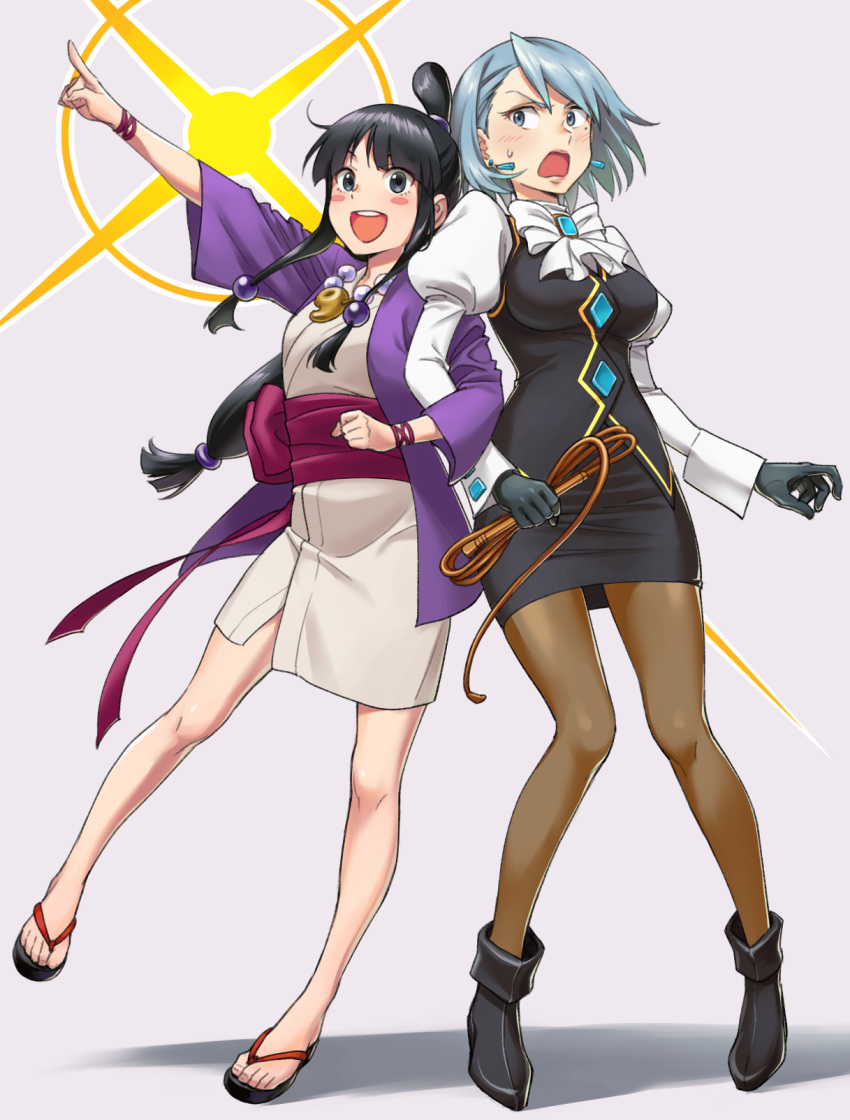 2girls :d ayasato_mayoi bangs black_gloves black_hair black_skirt blue_eyes blue_hair blush_stickers brown_legwear cover cover_page earrings full_body gloves gyakuten_saiban half_updo highres japanese_clothes jewelry kamada_issei karuma_mei kimono long_hair low-tied_long_hair magatama miniskirt mole mole_under_eye multiple_girls necklace obi open_mouth pantyhose pointing sash short_hair short_kimono skirt smile topknot whip wide_sleeves