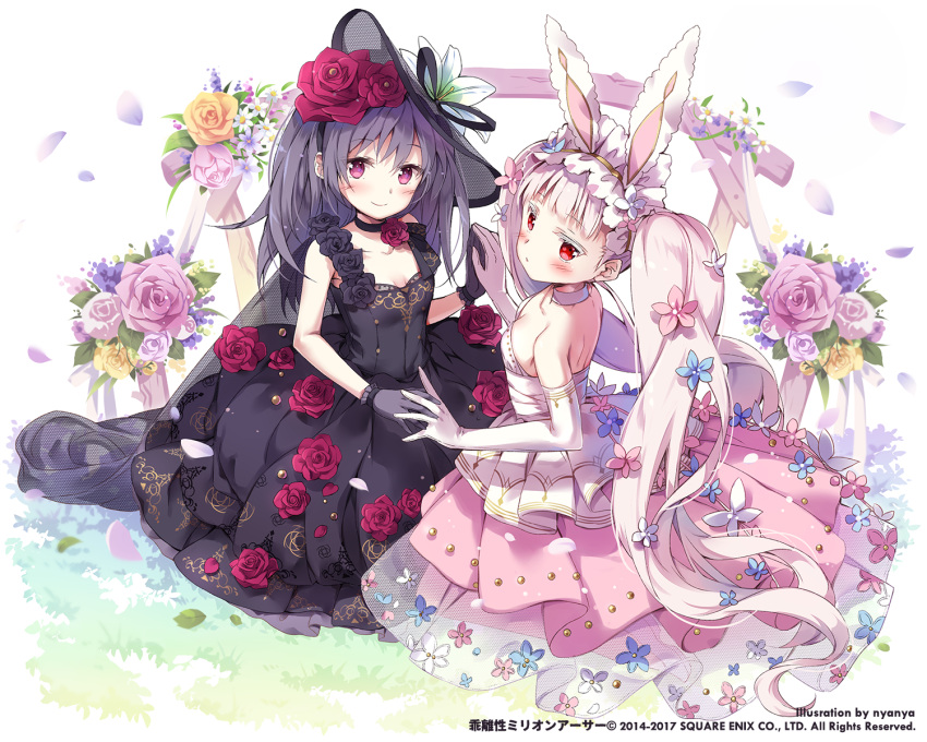 2girls animal_ears bare_shoulders black_dress blue_flower blush breasts character_request closed_mouth collarbone colored_eyelashes dress elbow_gloves flower gloves grey_gloves hair_flower hair_ornament hat highres interlocked_fingers kai-ri-sei_million_arthur long_hair million_arthur_(series) multiple_girls nyanya official_art petals pink_flower pink_hair pink_skirt pleated_skirt purple_hair rabbit_ears red_eyes red_flower red_rose rose rose_petals see-through shirt skirt sleeveless sleeveless_dress small_breasts smile strapless twintails very_long_hair violet_eyes watermark white_background white_flower white_gloves white_shirt yellow_flower yellow_rose