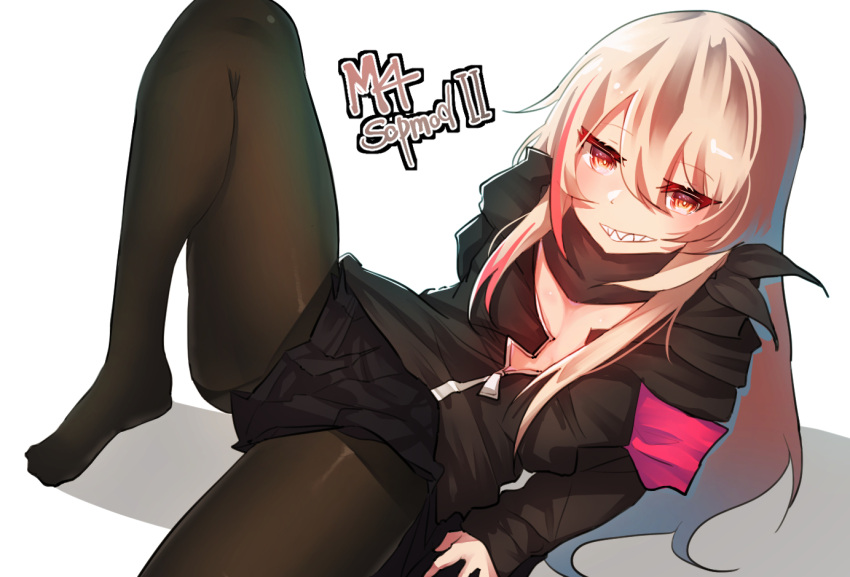 1girl arm_support armband bangs black_jacket black_legwear blonde_hair character_name commentary eyebrows_visible_through_hair eyelashes eyes_visible_through_hair girls_frontline grin hair_between_eyes half-closed_eyes jacket knee_up long_hair long_sleeves looking_at_viewer lying m4_sopmod_ii_(girls_frontline) meow_nyang multicolored_hair no_shoes on_back open_clothes open_jacket pantyhose parted_bangs red_eyes redhead sharp_teeth simple_background sketch_eyebrows smile solo streaked_hair teeth two-tone_hair unzipped white_background zipper zipper_pull_tab