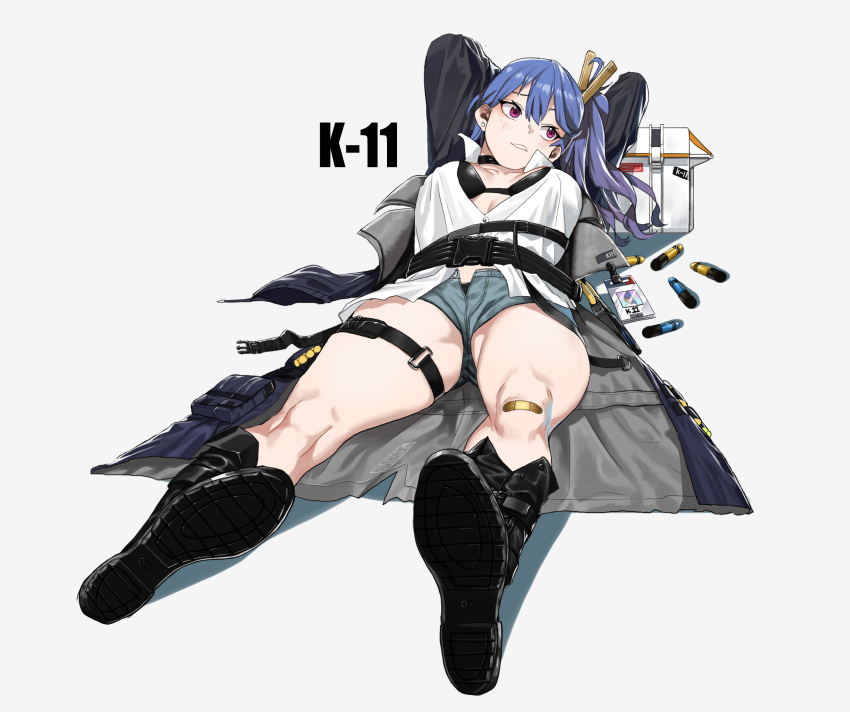 1girl arms_behind_head bandaid bikini black_bikini black_footwear blue_hair blush breasts buckle character_name collarbone commentary_request cooler earrings explosive foreshortening girls_frontline grenade grey_background grey_coat hair_between_eyes hair_ornament hairclip highres ihobus jewelry k11_(girls_frontline) korean_commentary leather_choker long_sleeves looking_to_the_side lying messy_hair multiple_straps name_tag on_back open_mouth partially_unbuttoned pouch red_eyes shirt shorts sidelocks simple_background skindentation solo swimsuit thighs white_shirt
