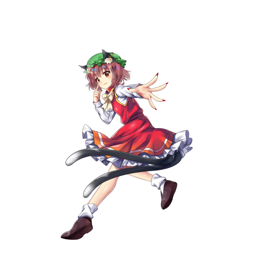 1girl animal_ears bow bowtie brown_eyes brown_footwear brown_hair cat_ears cat_girl chen closed_mouth fingernails frilled_skirt frills full_body game_cg green_headwear hat highres long_fingernails long_sleeves looking_at_viewer mob_cap multiple_tails nekomata red_nails red_skirt red_vest rotte_(1109) shirt short_hair simple_background skirt socks solo tail third-party_source touhou touhou_lost_word two_tails vest white_background white_bow white_bowtie white_shirt white_socks
