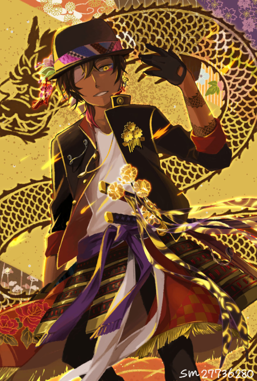 1boy armor black_gloves black_hair black_hat black_pants brown_hair dark_skin dark_skinned_male eyepatch flower gloves gold_trim hat hat_ornament highres jewelry looking_at_viewer male_focus necklace ookurikara pants parted_lips sheath sheathed smile solo standing touken_ranbu usa_leaf yellow_background yellow_eyes yellow_flower