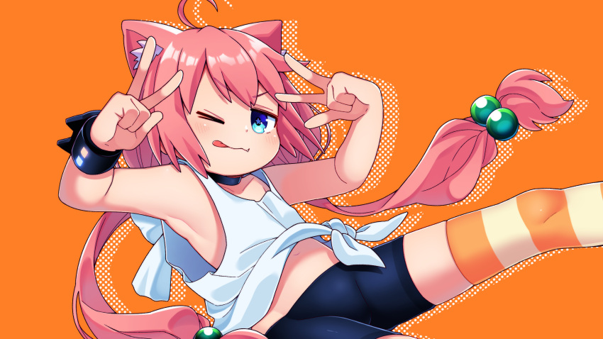 1girl :p ahoge animal_ears armpits arms_up bike_shorts blue_eyes cat_ears choker double_v hair_bobbles hair_ornament highres hinata_channel long_hair low_twintails midriff navel nekomiya_hinata one_eye_closed pink_hair shorts smile solo striped striped_legwear thigh-highs tongue tongue_out twintails v vest virtual_youtuber watch watch white_vest