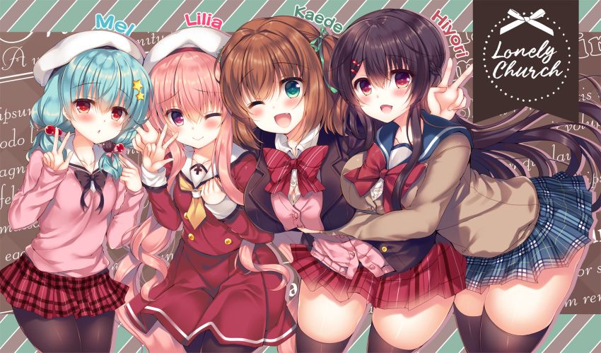 4girls :d ;) ;d aoki_kaede bangs beret black_neckwear blazer blue_hair blue_sailor_collar blue_skirt blush bow bowtie breasts brown_hair brown_jacket brown_legwear cardigan character_name chestnut_mouth closed_mouth commentary_request dress_shirt eyebrows_visible_through_hair fang green_bow green_eyes hair_between_eyes hair_bobbles hair_bow hair_ornament hairclip hat highres hug hug_from_behind jacket large_breasts lilia_chocolanne long_hair long_sleeves multiple_girls necktie one_eye_closed open_blazer open_clothes open_jacket open_mouth original pantyhose parted_lips pink_cardigan pink_hair pink_sweater plaid plaid_skirt pleated_skirt red_eyes red_neckwear red_shirt red_skirt sailor_collar school_uniform serafuku shirt short_necktie skirt smile star star_hair_ornament suzune_rena sweater thigh-highs two_side_up very_long_hair violet_eyes white_hat white_sailor_collar white_shirt yellow_neckwear