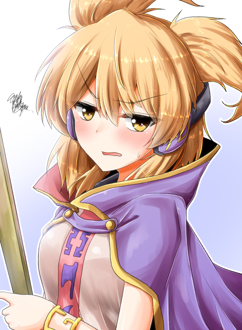 1girl bangs blonde_hair blouse blue_background blush bracelet breasts cape commentary_request earmuffs eyebrows_visible_through_hair gradient gradient_background hair_between_eyes high_collar highres holding jewelry looking_at_viewer medium_breasts open_mouth oshiaki outline pointy_hair purple_cape ritual_baton short_hair solo squiggle touhou toyosatomimi_no_miko upper_body white_background white_outline yellow_eyes