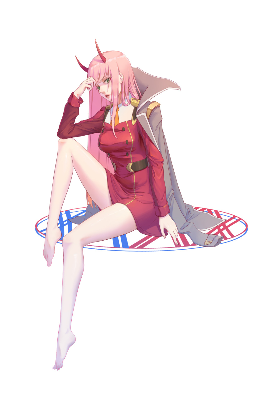 1girl absurdres aoba_aratame_ni darling_in_the_franxx full_body green_eyes highres horns jacket jacket_on_shoulders long_hair looking_at_viewer military military_jacket military_uniform necktie orange_neckwear pantyhose pink_hair red_horns simple_background sitting solo uniform white_background white_legwear zero_two_(darling_in_the_franxx)