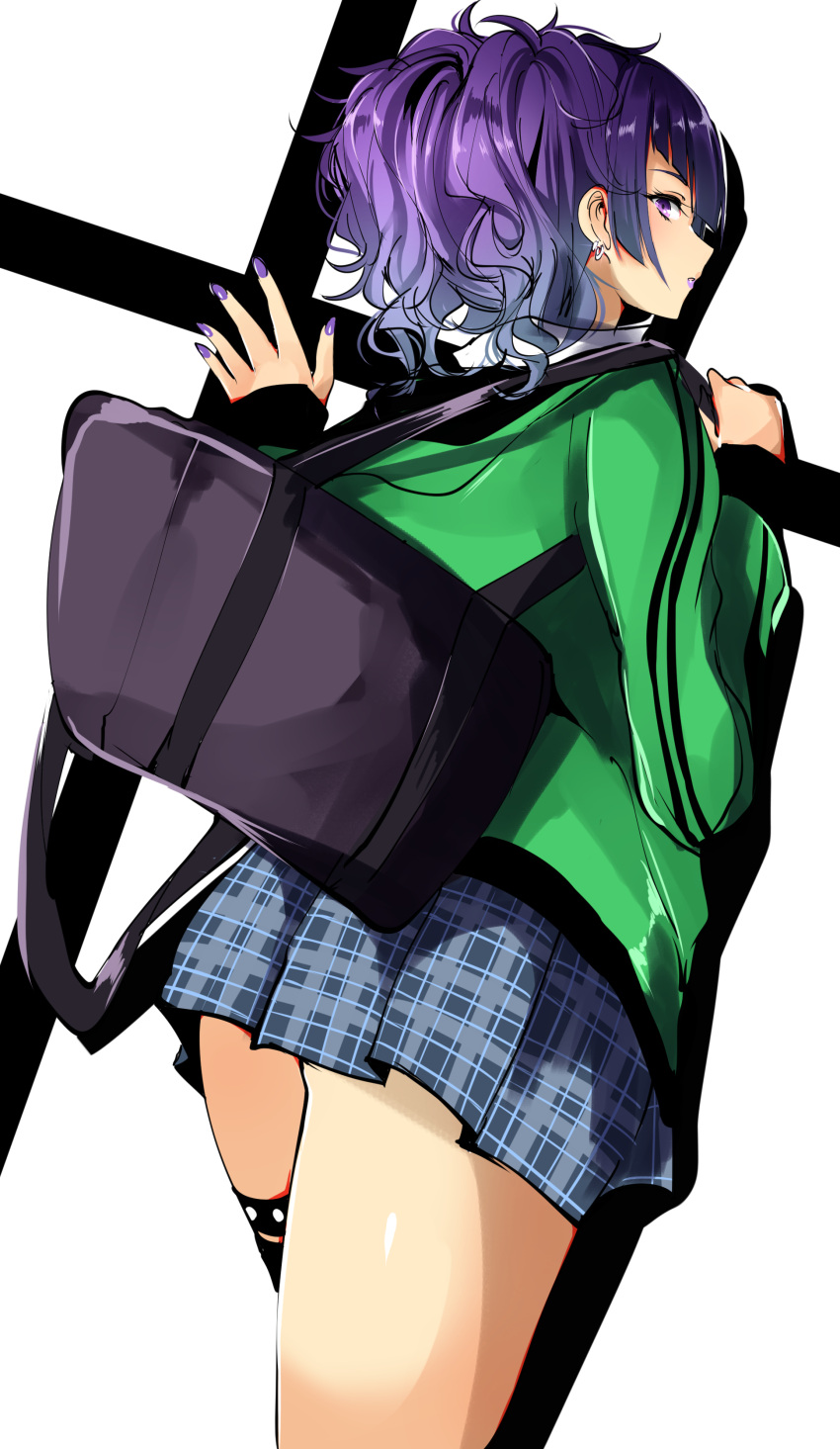 1girl absurdres agetama bag bangs commentary_request diagonal_bangs earrings from_behind garter_straps green_jacket highres holding holding_bag idolmaster idolmaster_shiny_colors jacket jewelry legs lipstick looking_at_viewer looking_back makeup miniskirt nail_polish plaid plaid_skirt pleated_skirt purple_hair purple_lipstick purple_nails school_bag school_uniform shirt short_twintails skirt solo tanaka_mamimi thigh_strap twintails violet_eyes