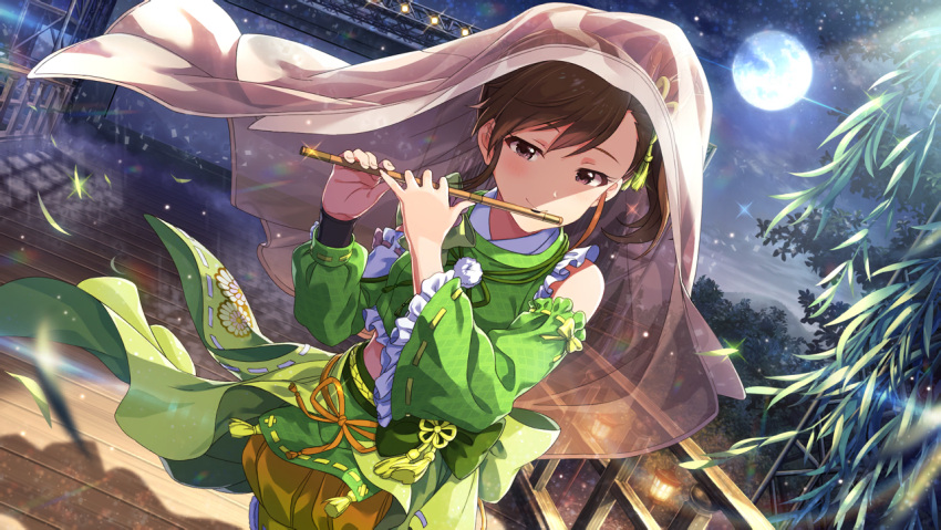 1girl bare_shoulders bridge brown_eyes brown_hair costume detached_sleeves dutch_angle flute full_moon futami_mami hair_ornament idolmaster idolmaster_(classic) idolmaster_million_live! idolmaster_million_live!_theater_days instrument japanese_clothes midriff moon music night official_art playing_instrument side_ponytail solo stage veil wide_sleeves