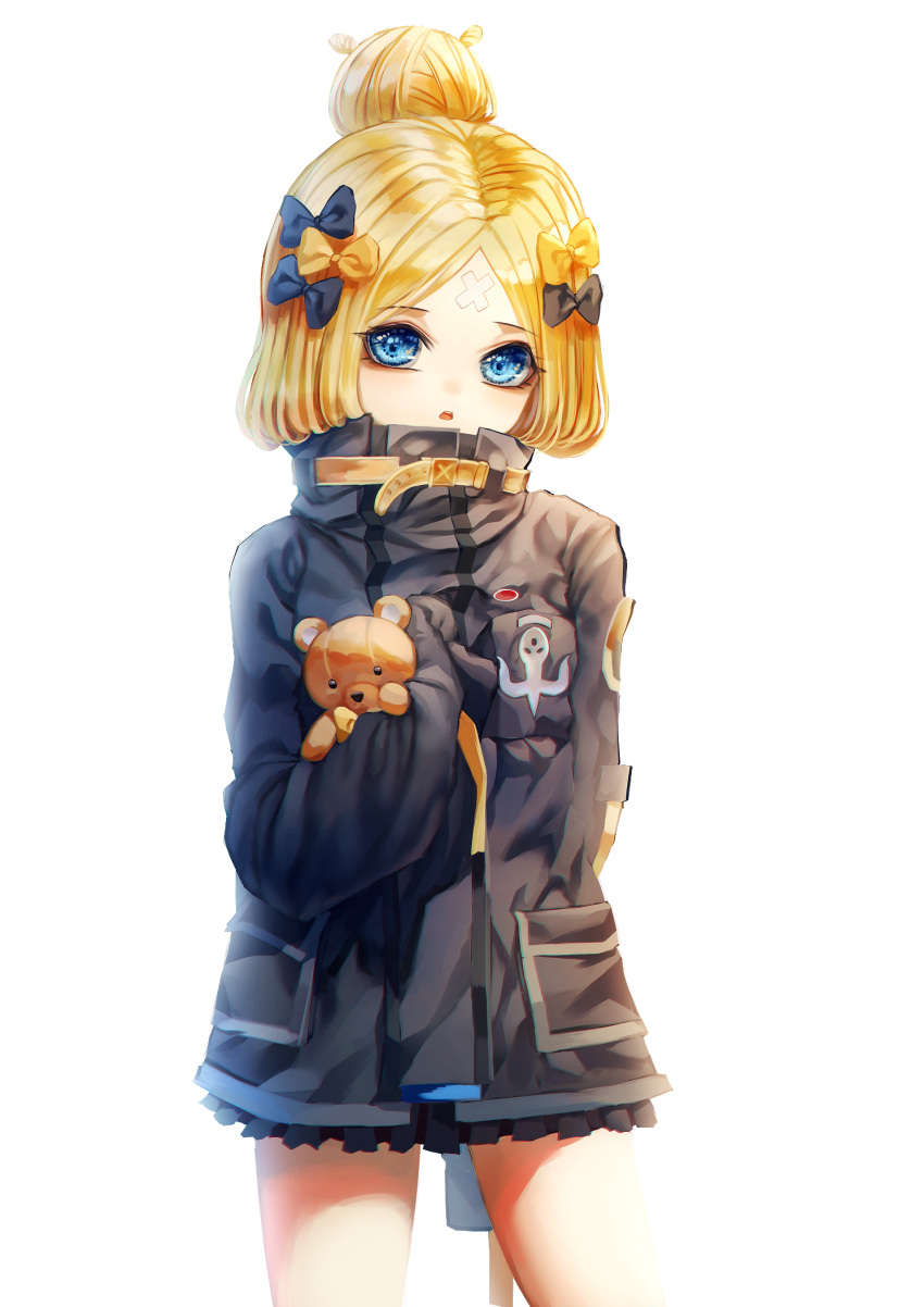 1girl abigail_williams_(fate/grand_order) bangs black_bow black_jacket blonde_hair blue_eyes bow commentary_request cowboy_shot crossed_bandaids eyebrows_visible_through_hair fate/grand_order fate_(series) hair_bow hair_bun head_tilt heroic_spirit_traveling_outfit highres jacket long_hair long_sleeves looking_at_viewer object_hug orange_bow parted_bangs parted_lips poharo simple_background sleeves_past_fingers sleeves_past_wrists solo standing stuffed_animal stuffed_toy teddy_bear upper_teeth white_background