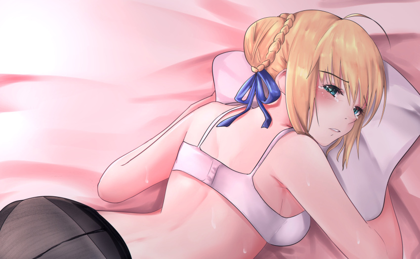 1girl artoria_pendragon_(all) backboob bad_id blonde_hair blue_ribbon blush braid breasts crying eyes_visible_through_hair fate/stay_night fate_(series) french_braid hair_between_eyes highres looking_at_viewer lying on_stomach panties panties_under_pantyhose pantyhose parted_lips pillow pillow_hug ribbon saber shumiao sideboob solo sweat underwear