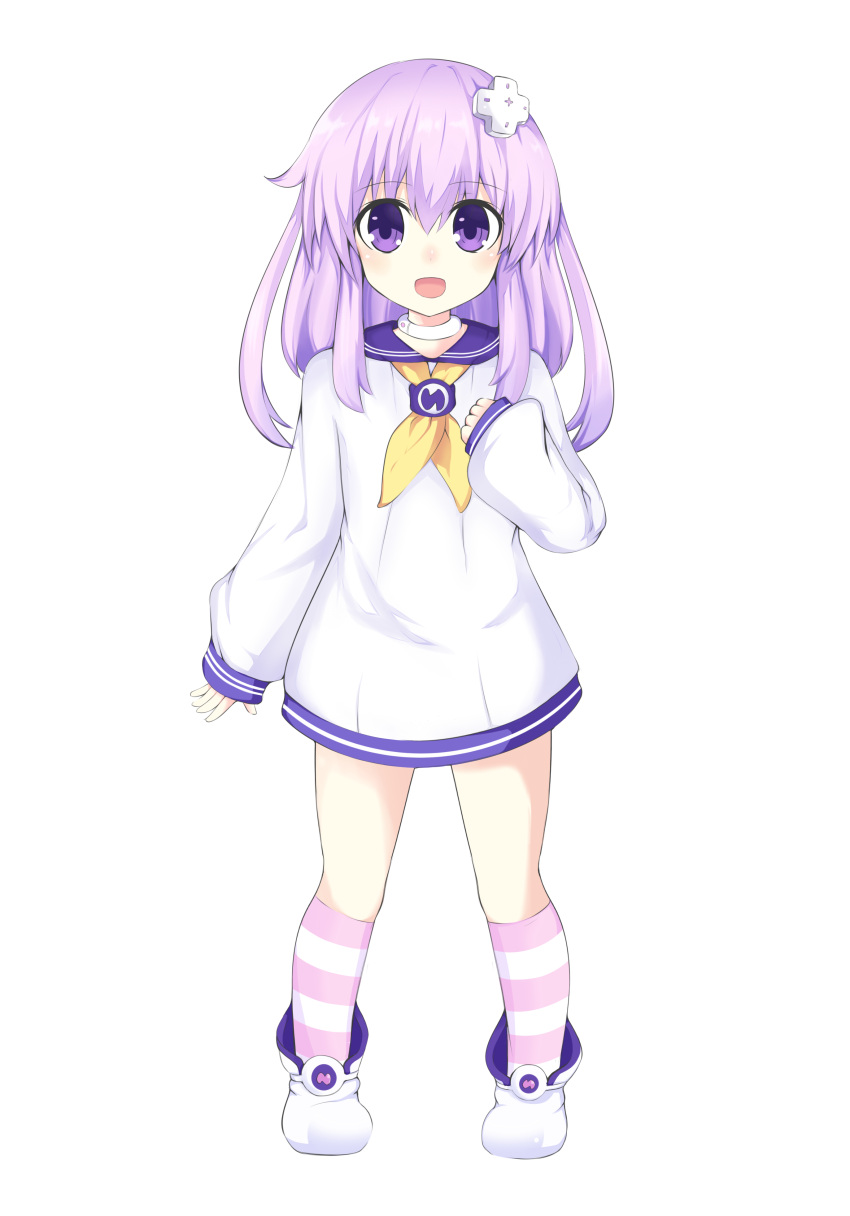 1girl absurdres blush child choker d-pad d-pad_hair_ornament eyebrows_visible_through_hair full_body hair_ornament highres horizontal_stripes long_hair long_sleeves looking_at_viewer nepgear neptune_(series) open_mouth oyat purple_hair sailor_collar smile solo striped striped_legwear violet_eyes white_background younger