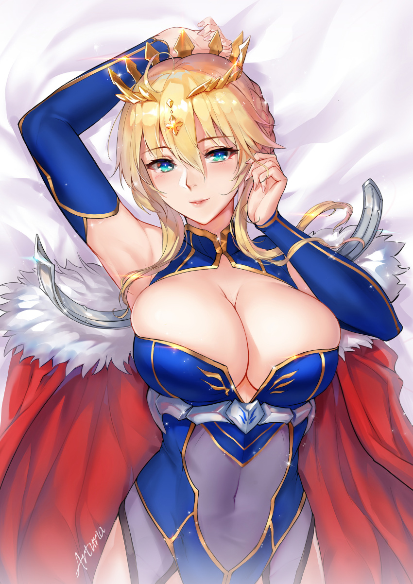 1girl absurdres aqua_eyes arm_up armpits artoria_pendragon_(all) artoria_pendragon_(lancer) bangs bed_sheet blonde_hair blush breasts cape cleavage commentary_request covered_navel crown eyebrows_visible_through_hair fate/grand_order fate_(series) fingernails fur_trim hair_ornament highres jewelry large_breasts leotard lips looking_at_viewer lying on_back shiny sidelocks signature smile solo sparkle tsuki_no_i-min upper_body