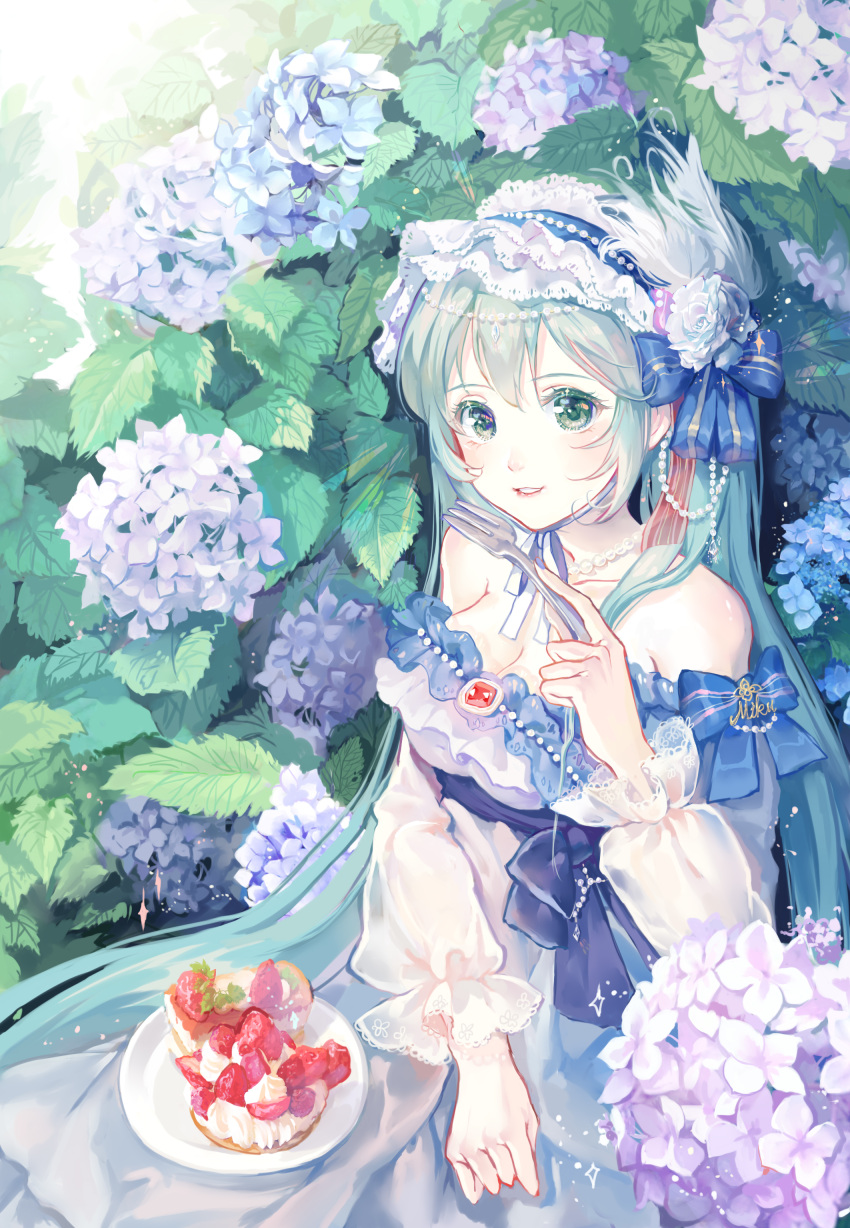 1girl absurdres aqua_eyes aqua_hair bangs bare_shoulders blue_ribbon blush breasts brooch cake cleavage commentary day dress feathers flower food fork frill_trim frilled_dress frilled_hairband frills hair_between_eyes hair_feathers hair_flower hair_ornament hair_ribbon hairband hat hatsune_miku high-waist_skirt highres holding holding_fork hydrangea jewelry leaf lolita_fashion lolita_hairband long_dress long_hair looking_at_viewer maccha_(mochancc) neck_ribbon necklace outdoors parted_lips pearl_necklace plate puffy_sleeves ribbon sitting skirt smile solo strapless strapless_dress straw_hat very_long_hair vocaloid waist_bow white_dress