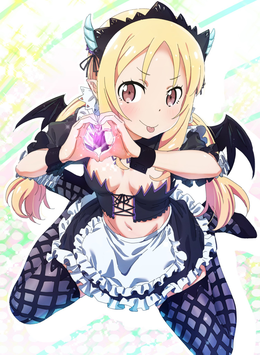 1girl apron black_hairband black_ribbon black_skirt black_wings blonde_hair blush breasts brown_eyes choker cleavage corset demon_wings eromanga_sensei fake_horns floating_hair frilled_apron frilled_skirt frills full_body grin hair_ribbon hairband heart heart_hands highres kneeling long_hair looking_at_viewer miniskirt mouth_hold navel pink_x pointy_ears ribbon skirt small_breasts smile solo stomach strapless thigh-highs twintails waist_apron white_apron wings wristband yamada_elf