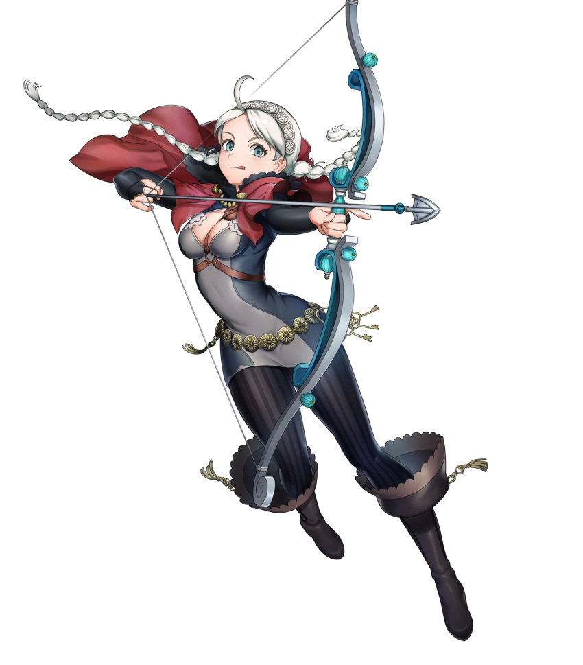 1girl arrow bangs belt blue_eyes boots bow_(weapon) braid breasts bridal_gauntlets capelet dress eponine_(fire_emblem_if) fire_emblem fire_emblem_heroes fire_emblem_if full_body hairband highres holding holding_bow_(weapon) holding_weapon long_hair looking_at_viewer medium_breasts nintendo official_art pantyhose parted_bangs shiny shiny_hair short_dress silver_hair smile solo striped tongue tongue_out transparent_background turtleneck twin_braids twintails vertical_stripes weapon