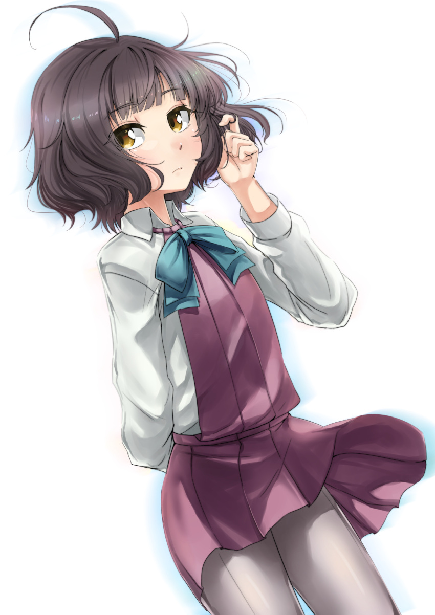 1girl arm_behind_back blue_neckwear bow bowtie brown_eyes brown_hair dress eyebrows_visible_through_hair grey_legwear highres kantai_collection kishinami_(kantai_collection) lips long_sleeves looking_at_viewer pantyhose playing_with_own_hair pleated_dress purple_dress school_uniform seamed_legwear shirt short_hair side-seamed_legwear simple_background solo v_r_dragon01 wavy_hair white_shirt