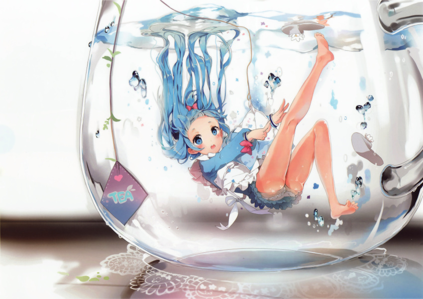 1girl :o anmi apron ass bare_legs barefoot blue_eyes blue_hair blush bow bubble feet forehead hair_bow highres jug kneepits long_hair minigirl open_mouth original panties skindentation skirt solo submerged teabag underwater underwear white_panties