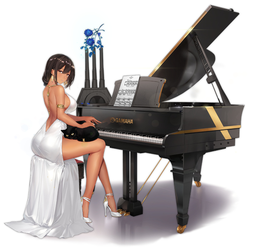 1girl alternate_costume alternate_hairstyle azur_lane backless_dress backless_outfit bare_shoulders black_cat black_hair breasts brown_eyes cat commentary_request dark_skin dress flower high_heels highres instrument kaede_(003591163) large_breasts long_hair native_american official_art piano piano_bench shadow simple_background sitting south_dakota_(azur_lane) turret white_background white_dress white_footwear