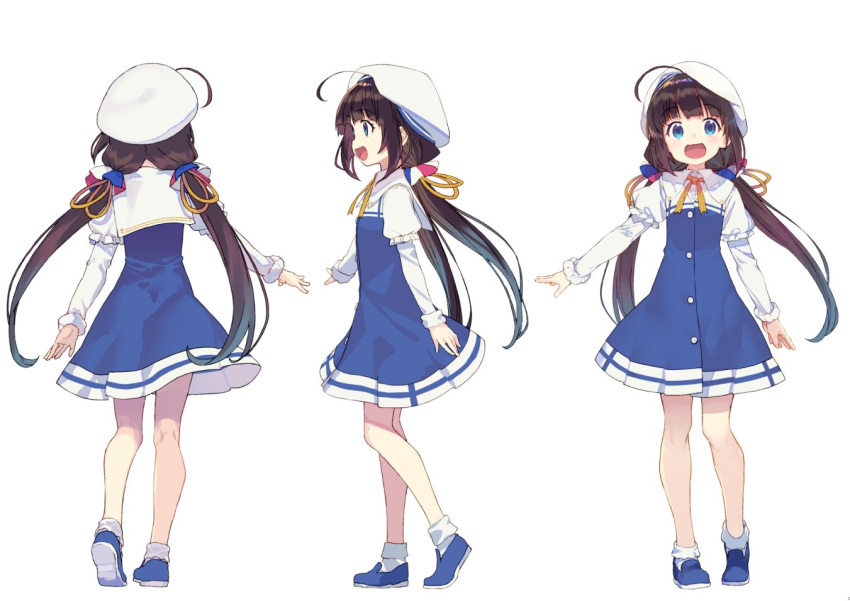 1girl ahoge blue_dress blue_eyes blue_footwear brown_hair dress hat hinatsuru_ai kneepits long_hair low_twintails official_art open_mouth ryuuou_no_oshigoto! shirabi shoes smile socks solo twintails