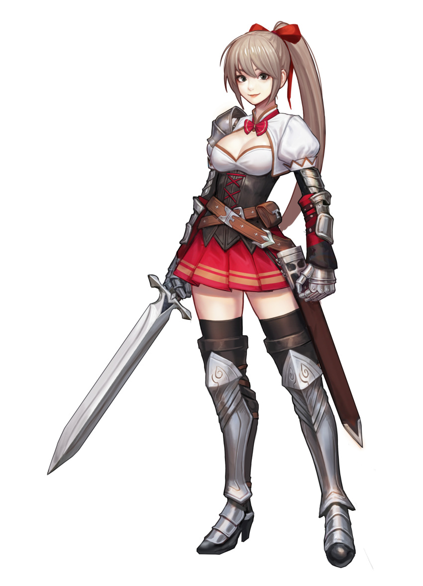 1girl absurdres armored_boots armored_gloves bangs boots bow bowtie breasts brown_hair cleavage closed_mouth commentary double_stripe ears_visible_through_hair full_body gloves hair_bow highres holding holding_sword holding_weapon jungon_kim light_smile long_hair looking_at_viewer original pleated pleated_skirt red_bow red_neckwear red_skirt sidelocks simple_background skirt solo standing sword weapon white_background