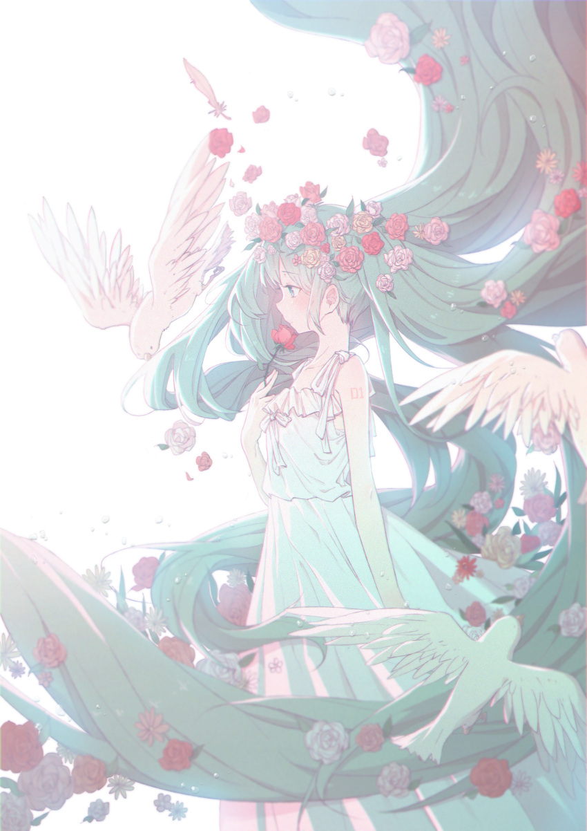 1girl absurdly_long_hair absurdres animal arm_at_side bare_arms bare_shoulders bird blue_eyes blue_hair blush castanet_(ranhoujun) commentary dress english_commentary expressionless eyebrows_visible_through_hair feathers flat_chest floating_hair flower flying hair_flower hair_ornament hatsune_miku highres long_dress long_hair looking_away pink_flower pink_rose profile ribbon rose simple_background sleeveless sleeveless_dress solo very_long_hair vocaloid white_background white_dress white_ribbon