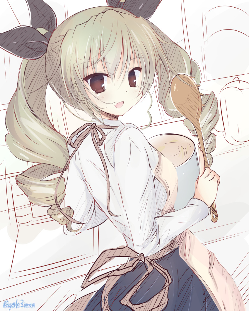 1girl anchovy apron bangs casual commentary drill_hair eyebrows_visible_through_hair from_behind getsumen_suibaku_ver._a(c) girls_und_panzer green_hair highres holding holding_ladle kitchen ladle long_hair long_sleeves looking_at_viewer looking_back open_mouth red_eyes shirt sketch smile solo standing twin_drills twintails upper_body white_shirt yellow