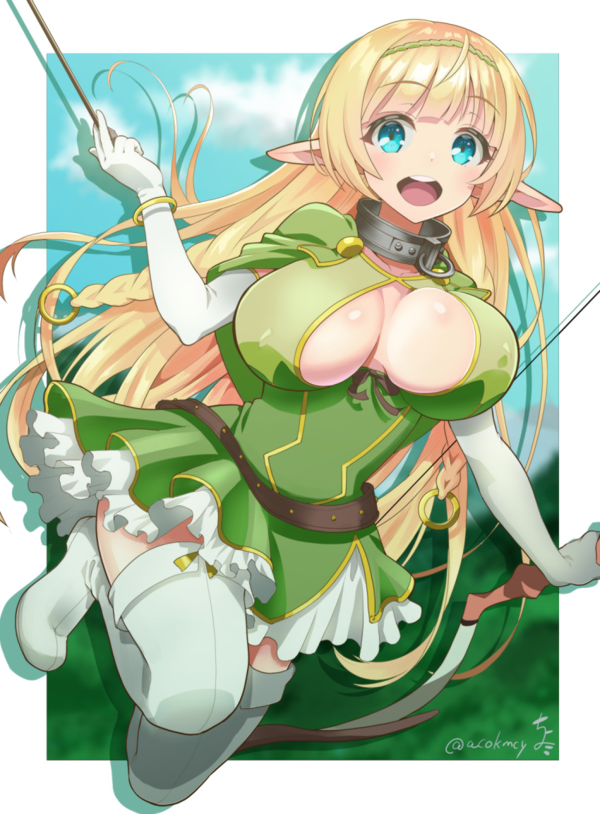 1girl blonde_hair blue_eyes blush boots breasts cleavage collar dress elbow_gloves elf gloves hairband highres isekai_maou_to_shoukan_shoujo_dorei_majutsu kumehara_chiyota large_breasts long_hair looking_at_viewer metal_collar open_mouth pointy_ears shera_l_greenwood smile solo thigh-highs thigh_boots white_gloves