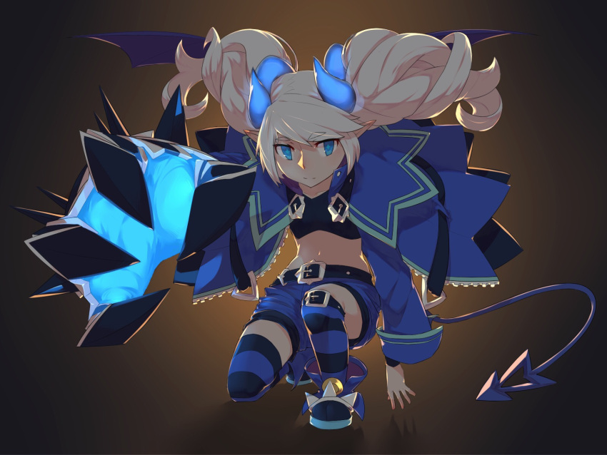 1girl chiliarch_(elsword) clawed_gauntlets demon_girl demon_horns demon_tail elsword eyebrows_visible_through_hair gauntlets hair_ornament hairclip highres hood hoodie horns luciela_r._sourcream midriff pointy_ears single_gauntlet star star-shaped_pupils symbol-shaped_pupils tail twintails zhang492382336