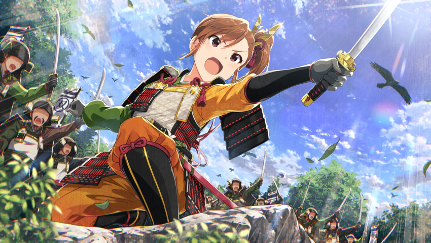 1girl armor banner bird black_gloves brown_eyes brown_hair costume day dutch_angle futami_mami gloves hair_ornament idolmaster idolmaster_(classic) idolmaster_million_live! idolmaster_million_live!_theater_days japanese_armor katana multiple_boys official_art one_knee open_mouth pointing_sword side_ponytail sky sword tree weapon