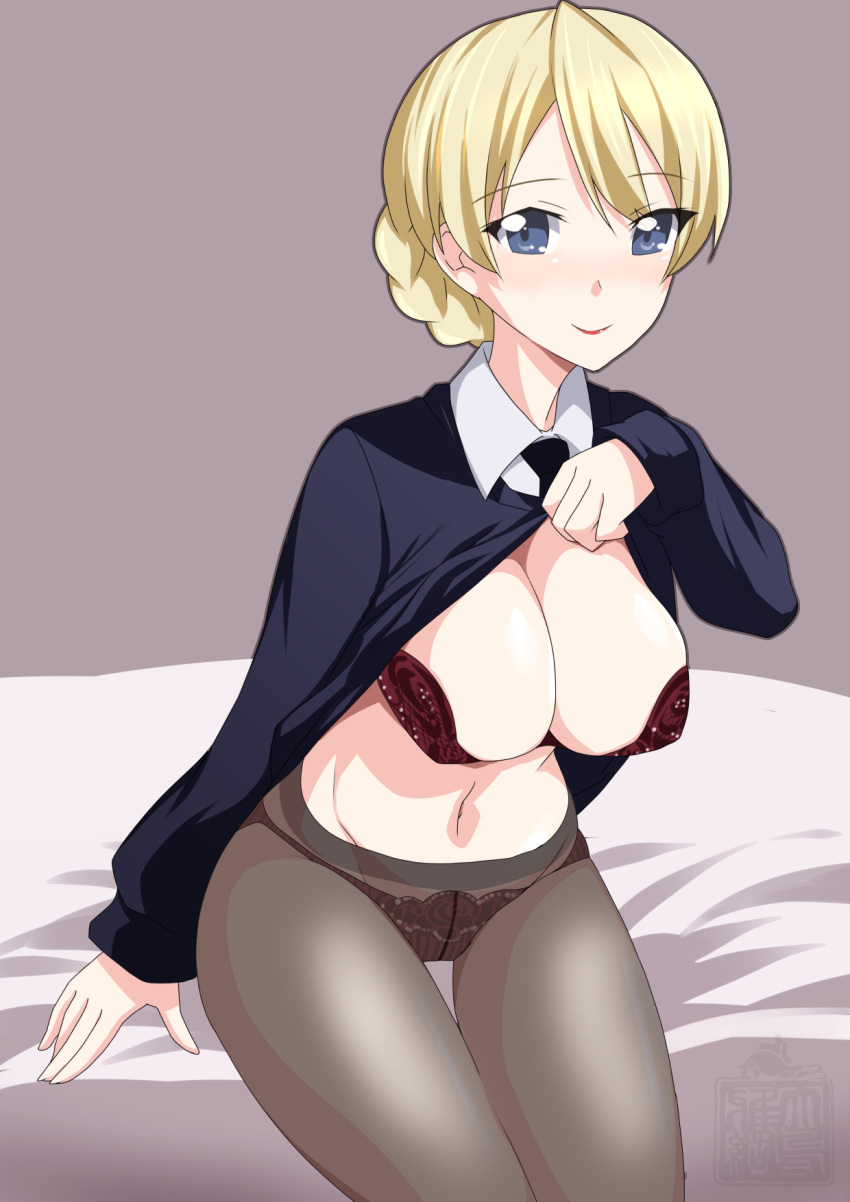 1girl arm_support bangs bed_sheet black_bra black_neckwear black_panties blonde_hair blue_eyes blue_sweater bra braid breasts cleavage closed_mouth commentary darjeeling dress_shirt eyebrows_visible_through_hair girls_und_panzer grey_background highres large_breasts lifted_by_self long_sleeves looking_at_viewer navel necktie no_pants on_bed ootori_masatsuna panties panties_under_pantyhose pantyhose school_uniform shirt shirt_lift short_hair sitting smile solo st._gloriana's_school_uniform sweater thigh_gap tied_hair twin_braids underwear v-neck watermark white_shirt wing_collar