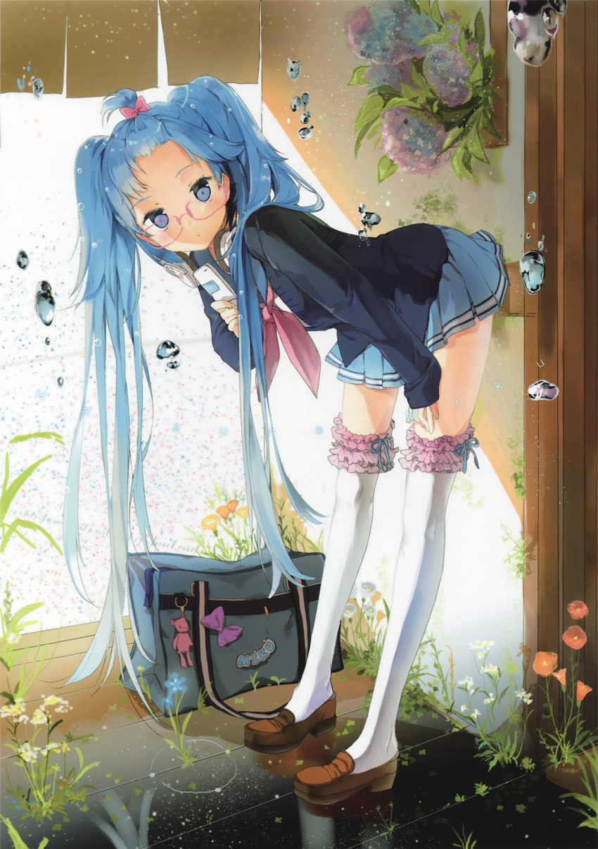 1girl absurdres anmi bespectacled blue_eyes blue_hair cellphone flower frills glasses hatsune_miku headphones headphones_around_neck high_ponytail highres hydrangea leaning_forward loafers long_hair over-kneehighs phone pink-framed_eyewear rain school_uniform serafuku shoes skirt solo thigh-highs twintails underwater very_long_hair vocaloid water_drop white_legwear